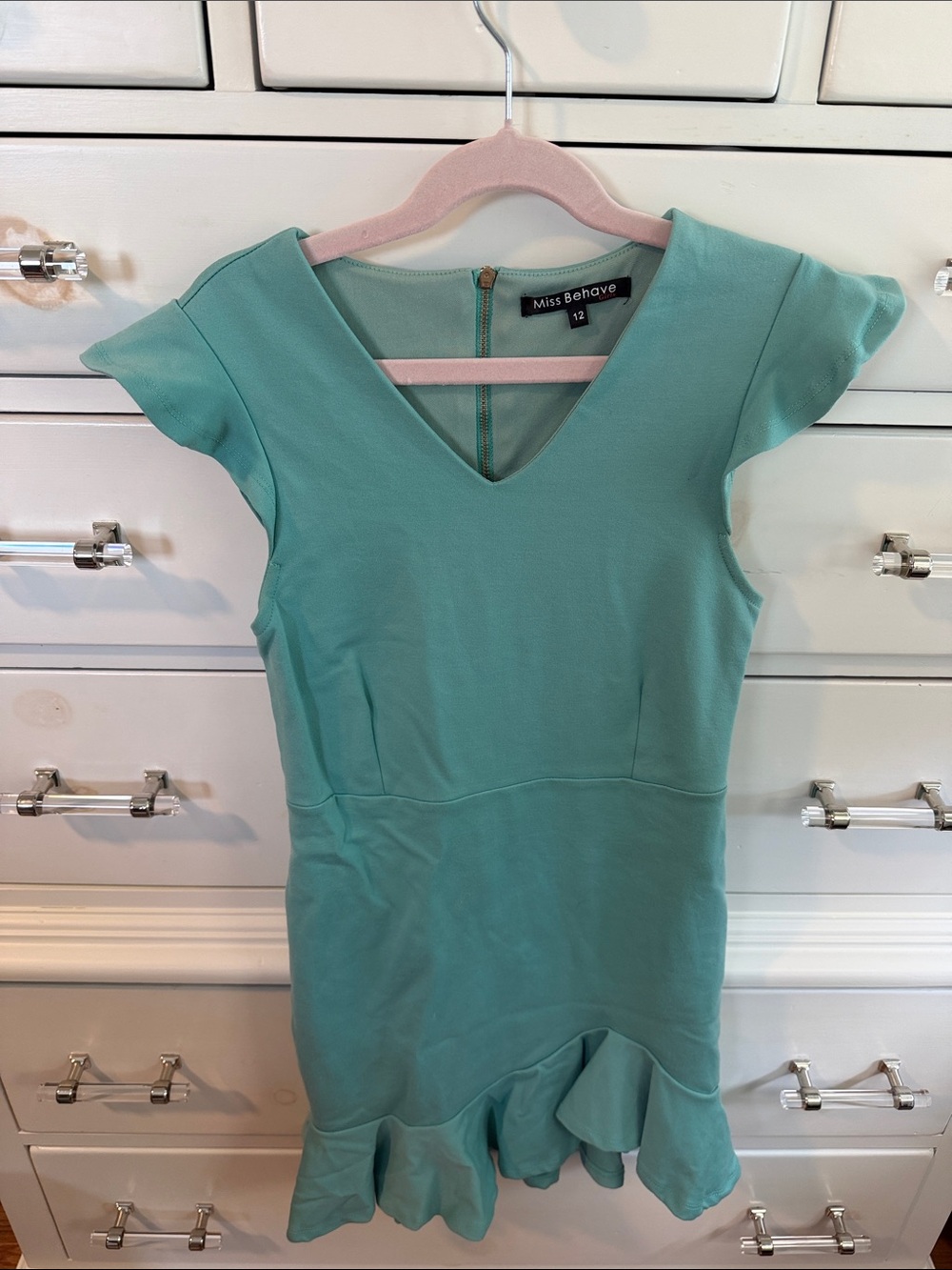 Miss Behave Girls' Aqua V-Neck Ruffle Hem Dress